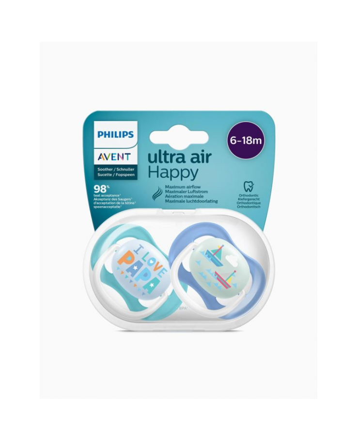 Ultra Air Happy Philips Avent 6-18M 2 Succhietti Fantasia Azzurro