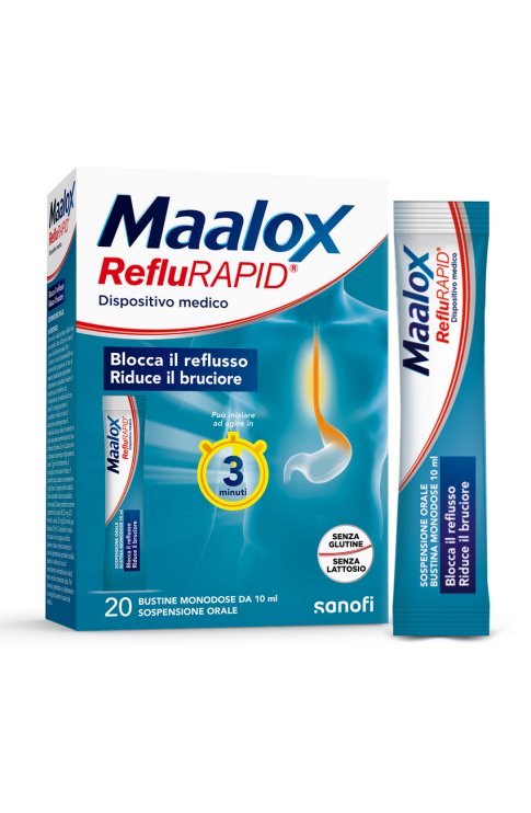 Maalox Reflurapid 20 bustine, Maalox Reflusso, Senza Lattosio, Senza Glutine