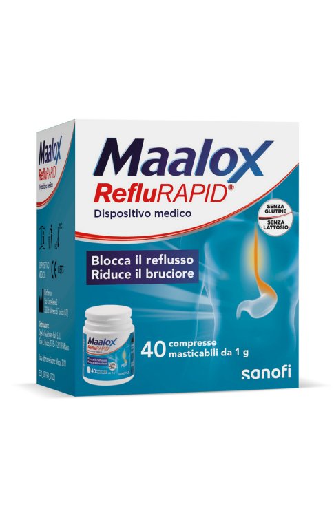 Maalox Reflurapid 40 compresse, Maalox Reflusso, Senza Lattosio, Senza Glutine