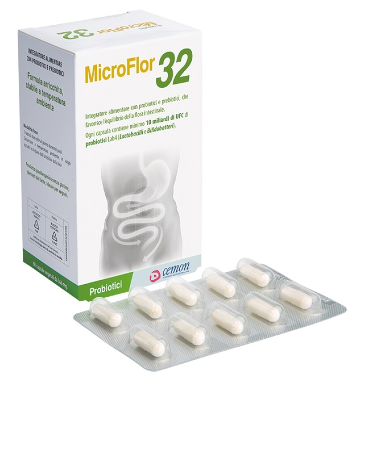 Microflor 32 - Integratore Alimentare con Probiotici e Prebiotici, 60 Capsule 366mg, Favorisce l'Equilibrio della Flora Intestinale