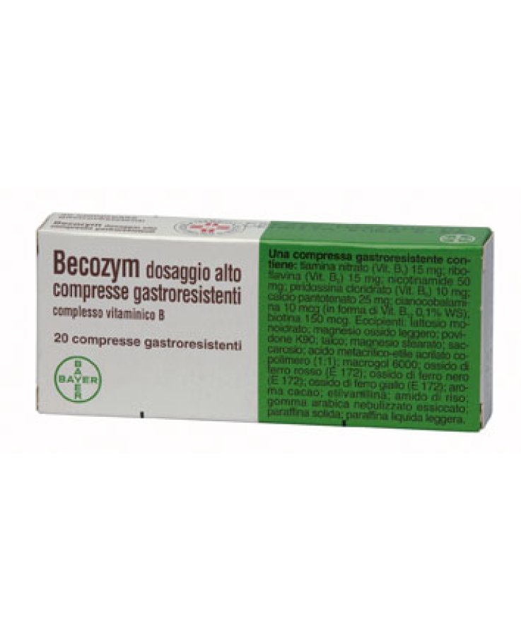 Becozym, Alto Dosaggio Vitamine Gruppo B, Vitamina B1, B2, B3, B6, B5, B12 e B7, 20 Compresse Gastroresistenti