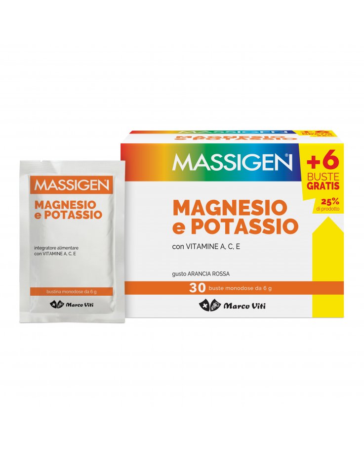 MASSIGEN Magnesio e Potassio 24 + 6 Bustine omaggio da 6 grammi